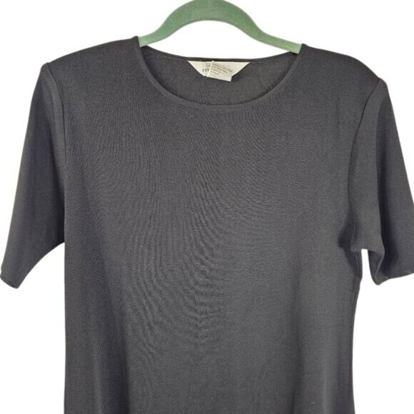 Misook Black Classic Knit Tunic Sz M Round Neck Short Sleeves Long Side Slits - Picture 4 of 8
